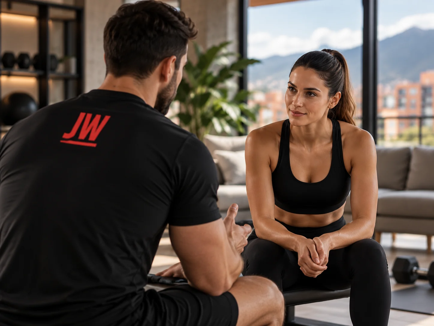 Entrenador y alumna conversan sobre los objetivos de su entrenamiento personalizado.