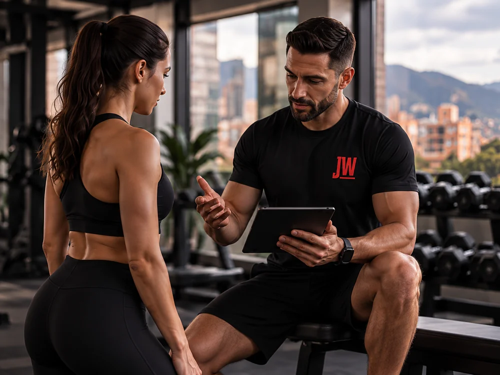 Entrenador personal conversa con una alumna para conocer sus objetivos y orientar su entrenamiento.