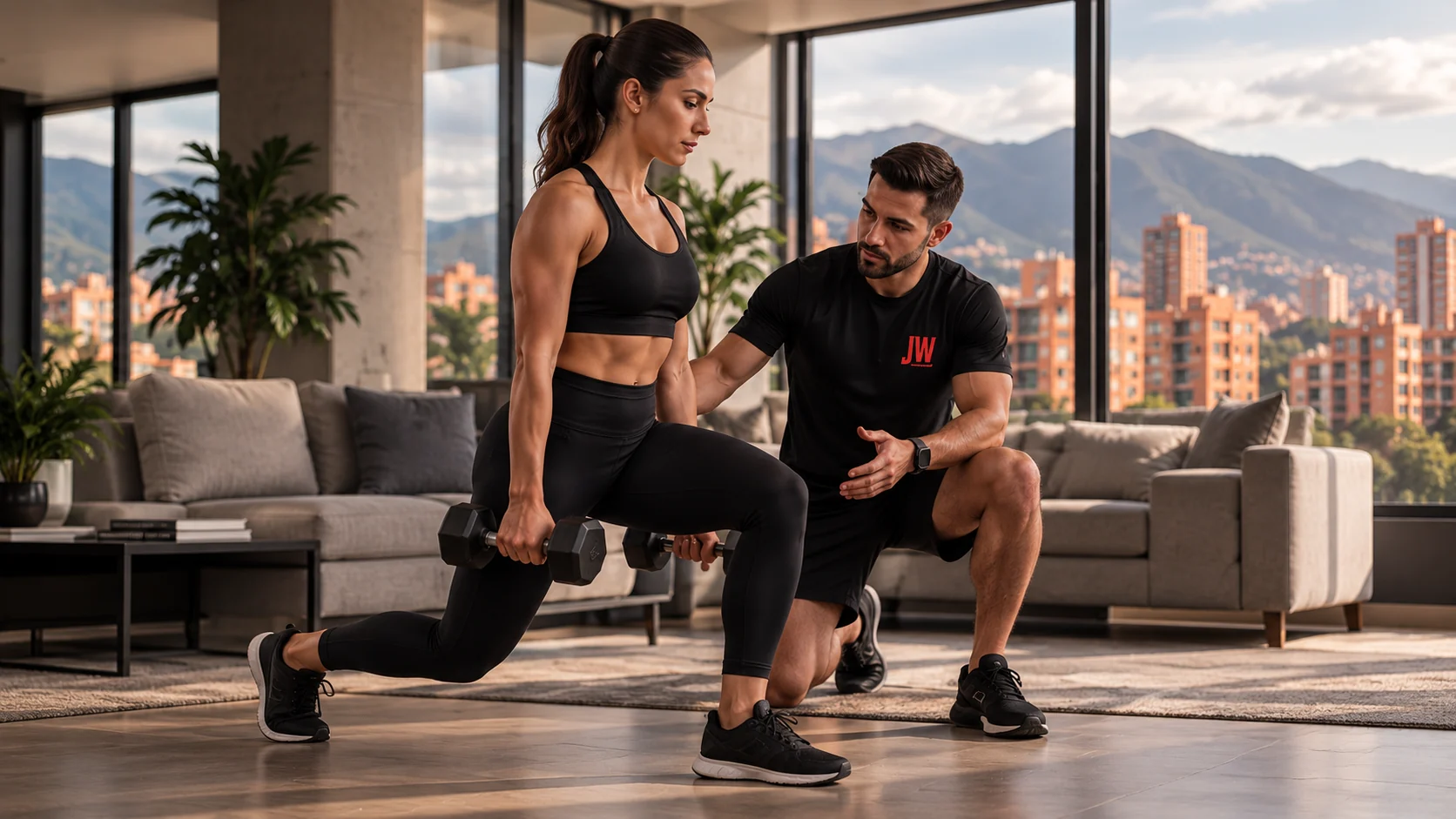 Entrenador personal guiando a una mujer durante un entrenamiento con mancuernas en un apartamento de Bogotá