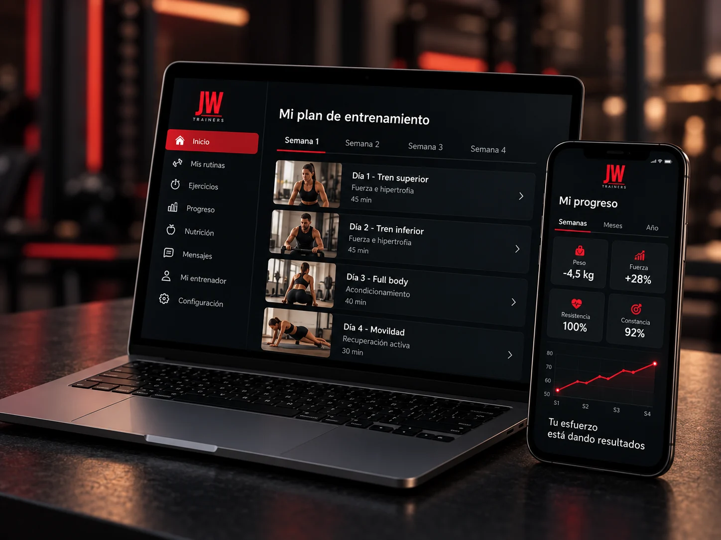 Vista conceptual de la plataforma JW Trainers en portátil y teléfono, con plan de entrenamiento y progreso