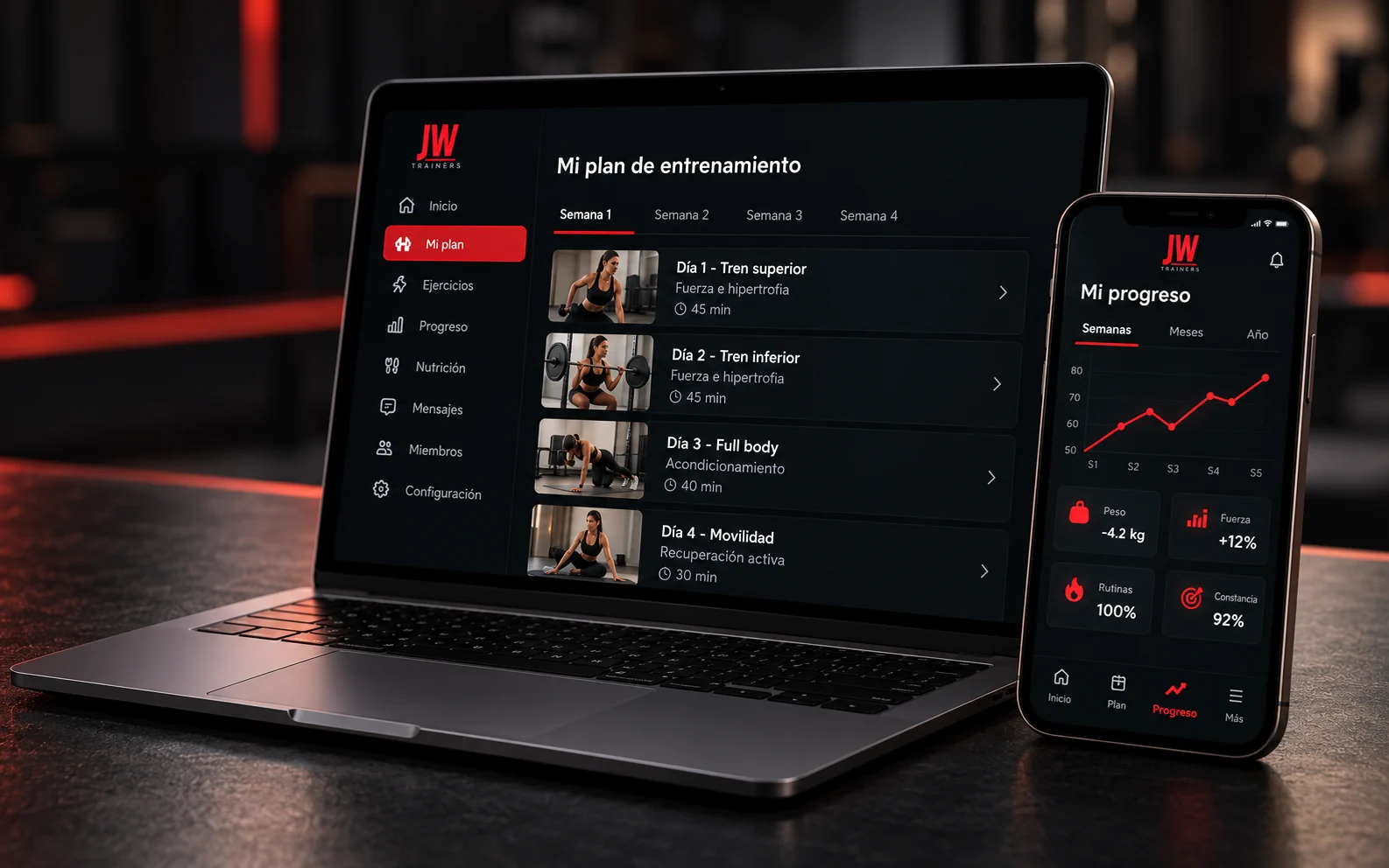 Vista conceptual de la plataforma JW Trainers en portátil y teléfono, con plan de entrenamiento y progreso