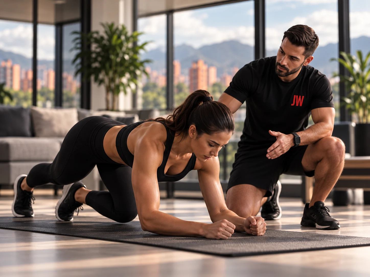Entrenador orienta la técnica de una alumna durante una sesión de entrenamiento personal.